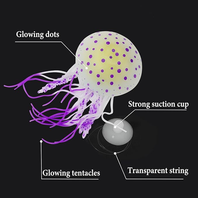 WishLotus Aquarium Jellyfish Decoration, Soft Silicone Glowing Aquarium Decorations Fluorescent Jellyfish with Suction Cup New Upgraded Simulation Aquarium Decor for Various Fish Tank (A, Purple)
