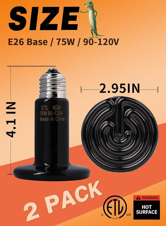 WUHOSTAM 2 Pack 75W Infrared Ceramic Heat Lamp,Black Reptile Emitter Bulb for Pet Coop Heater Chicken Lizard Turtle Brooder Aquarium Snake, No Harm No Light, ETL Listed