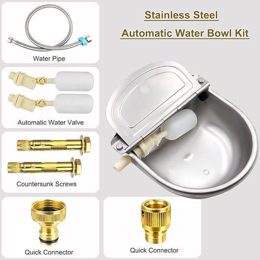 Automatic Animal Drinking Water Trough Bowl, 304 Stainless Steel Outdoor Waterer for Dog Horse with Float Valve includes Bowl, Pipe Hose, 2 Float Valves, Quick Connector Adapter and Countersunk Bolts
