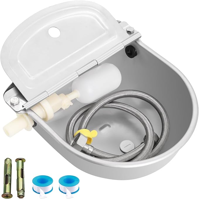 Automatic Animal Drinking Water Bowl with Float Valve,Stainless Steel Automatic Livestock Water Bowl for Horse,Cattle,Goat (with Drainage Hole,with Pipe & Screws)