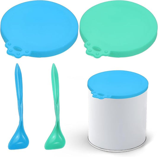 Cat Food Can Covers Lids, Dog Food Can Lids with Spoons Silicone Toppers Reusable Fits 3 Standard Sizes, (Sky Blue/Cyan, 2Sets), Intended for Dog/Cat/Pet Food