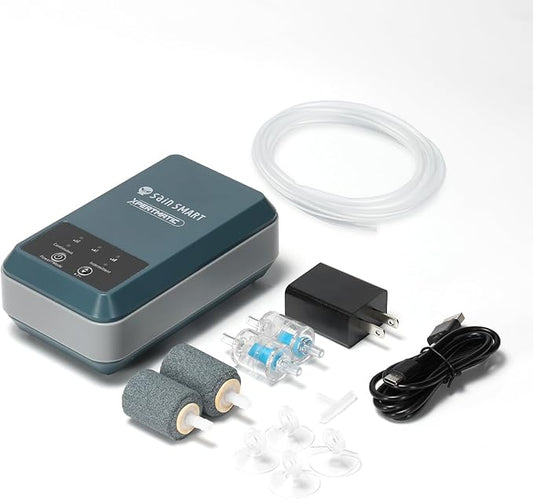 SainSmart Aquarium Air Pump Dual Outlet, Super Quiet Oxygen Pump 48 GPH for Fish Tanks up to 5-30 Gallon, Fish Tank Aerator with Air Stone, Air Tubing, 6000mAh Battery for Outdoor-Fishing & Emergency