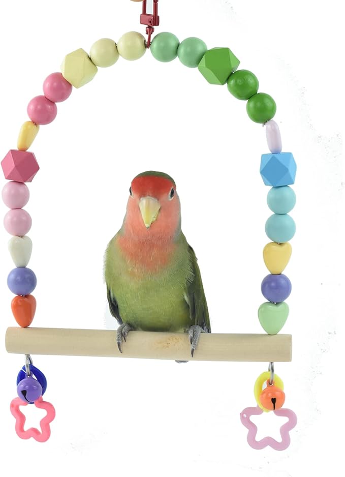 GUANLANT Wooden Bird Swing for Cockatiels Parrot Perch Hanging Toys Parakeets Birdcage Stands Cage Playground Play Gyms Accessories Colorful Bead Bell Climbing Toy for Lovebirds Conures Budgies