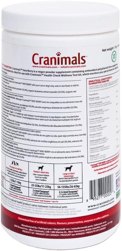 Cranimals VeryBerry Antioxidant Superfood Berry Powder for Dogs and Cats - Natural Antioxidant Boost from Cranberries, Raspberries, and Blueberries, 6 Month Supply - 454 g/ 1 Lb Jar
