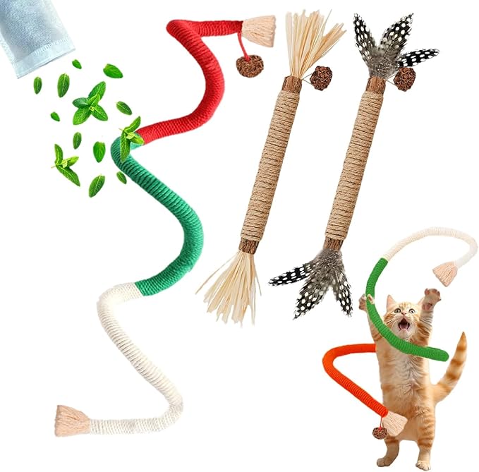 GREMBEB Cat Toys, 3PCS Catnip Toy for Indoor Kitten Treat Cats Silvervine Rope Chew Stick for Dental Cleaning Teeth Kitty Feather Snack Self Play Interactive Boredom