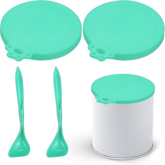 Cat Food Can Covers Lids, Dog Food Can Lids with Spoons Silicone Toppers Reusable Fits 3 Standard Sizes, (Cyan, 2Sets), Intended for Dog/Cat/Pet Food