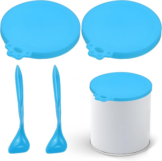 Cat Food Can Covers Lids, Dog Food Can Lids with Spoons Silicone Toppers Reusable Fits 3 Standard Sizes, (Sky Blue, 2Sets), Intended for Dog/Cat/Pet Food