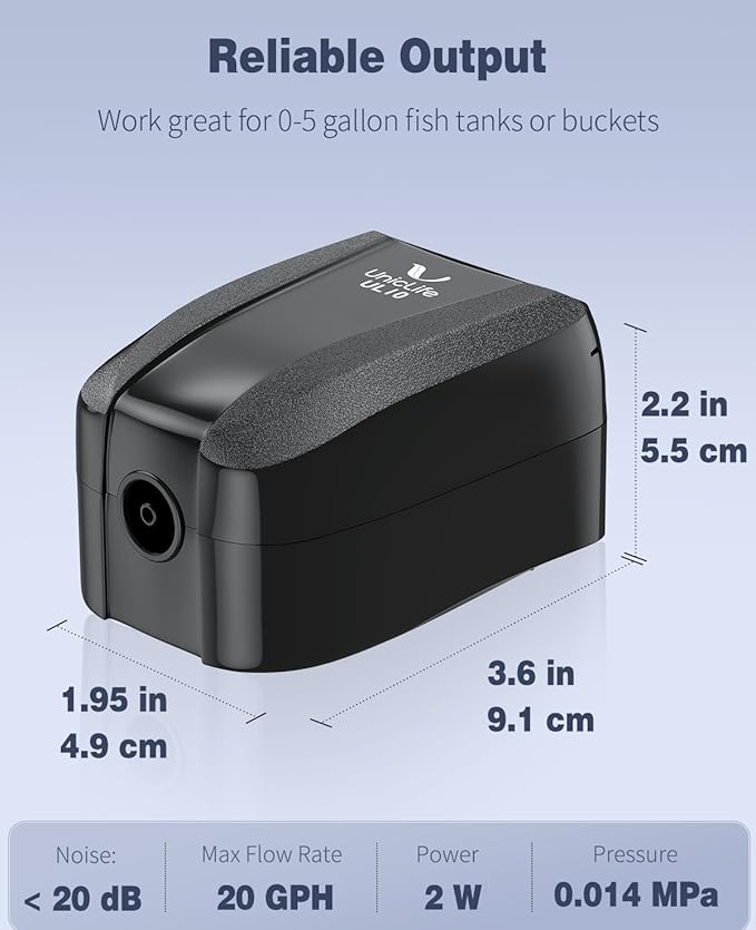 Uniclife UL Certified Aquarium Air Pump, Quiet Fish Tank Oxygen Pump for Small Aquariums with Airline Tubing, Air Stones and Check Valve