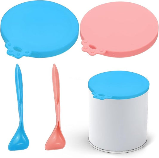 Cat Food Can Covers Lids, Dog Food Can Lids with Spoons Silicone Toppers Reusable Fits 3 Standard Sizes, (Sky Blue/Pink, 2Sets), Intended for Dog/Cat/Pet Food