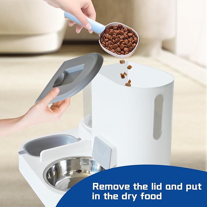 Automatic Cat Food and Water Dispenser Set 2 in 1, All-in-One Gravity Pet Feeder with Stainless Steel Cat Food Bowl Travel Auto Supply Feeder and Water Dispenser for Small Medium Cats Dogs (Gray)