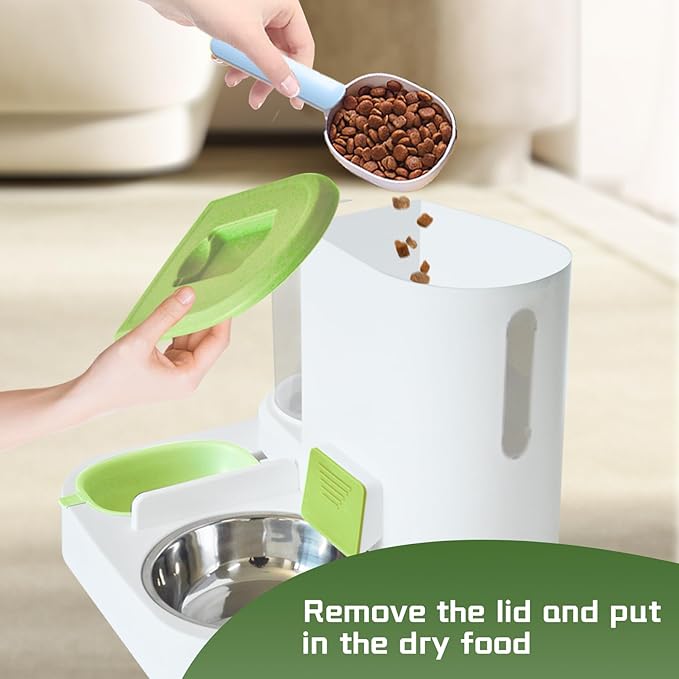 2 in 1 Automatic Cat Feeder & Water Dispenser,Gravity Pet Feeder Stainless Steel Food Water Bowl All-in-One Large Capacity Self Feeding for Cats Dogs Small Medium Pets(Green)