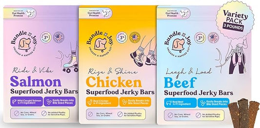 Bundle x Joy Dog Jerky Treats - Variety 3-16 Oz Bags Bags, Beef, Chicken & Salmon, Natural Superfood - Corn, Poultry, Soy & Grain Free Dog Treats Made in USA Only