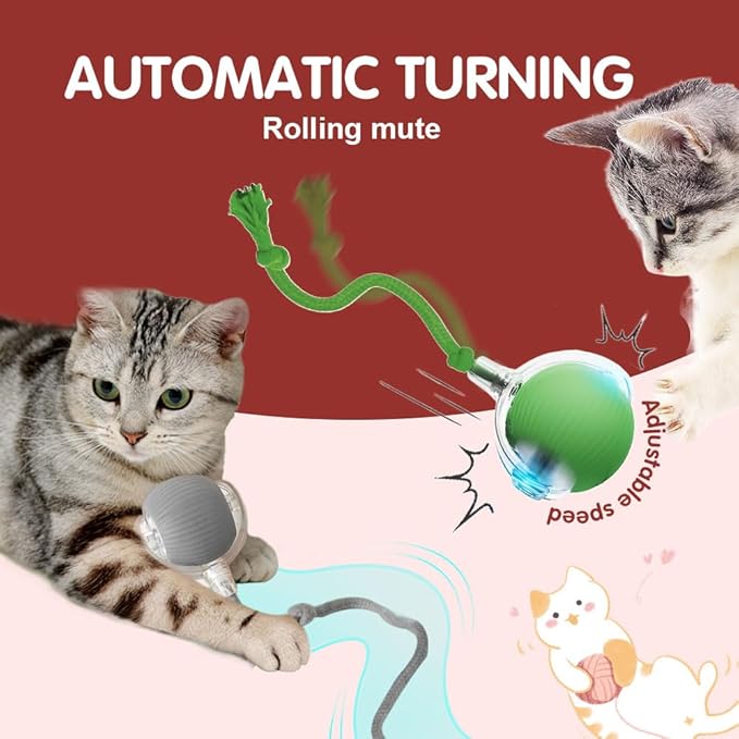 Interactive Cat Ball Toy With Cord Imitation Mouse - Automatic Rolling Smart Balls for Indoor Adult Cats (Red+Green)