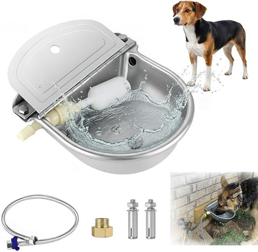 Automatic Animal Water Bowl with Float Valve, Stainless Steel Self-Filling Drinking Trough with Drain Hole, Farm Dog & Livestock Waterer for Horse, Goat, Cattle