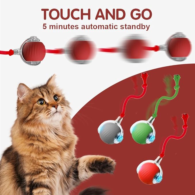 Interactive Cat Ball Toy With Cord Imitation Mouse - Automatic Rolling Smart Balls for Indoor Adult Cats (Red+Green)