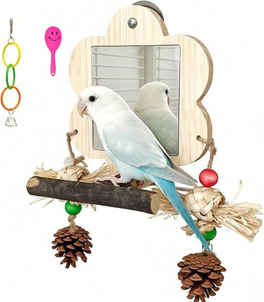 Acsist Bird Mirror with Perch, Cockatiel Mirror for Cage, Parakeet Toys with Chew Toy,Bird Cage Accessories for Parrot Conure Lovebirds Finch Canaries(Pinecone)