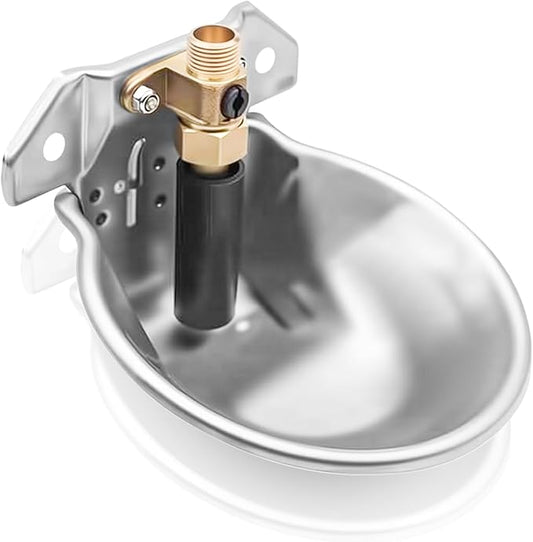 Automatic Animal Drinking Water Bowl with Float Valve and Drainage Hole 304 Stainless Steel Feeder Trough Dispenser Waterer Livestock Water Trough Suitable for Pet Dog Horse Cattle Goat Sheep（Dia 9in）