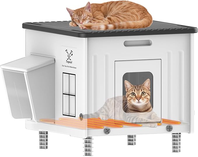 Dahivs Heated Cat House for Outside, High Insulated Heated Outdoor Cat Shelter 100% Weatherproof with Escape Door, Elevated Outdoor Cat House with Heater for Feral Stray Barn Cat Kitty 17.7"x17"x17.5"