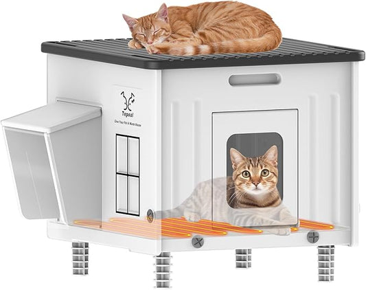 Dahivs Heated Cat House for Outside, High Insulated Heated Outdoor Cat Shelter 100% Weatherproof with Escape Door, Elevated Outdoor Cat House with Heater for Feral Stray Barn Cat Kitty 17.7"x17"x17.5"