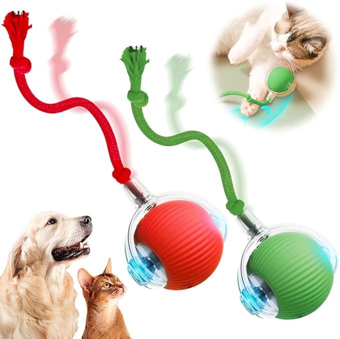 Interactive Cat Ball Toy With Cord Imitation Mouse - Automatic Rolling Smart Balls for Indoor Adult Cats (Red+Green)