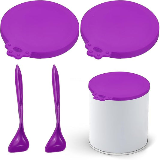 Cat Food Can Covers Lids, Dog Food Can Lids with Spoons Silicone Toppers Reusable Fits 3 Standard Sizes, (Purple, 2Sets), Intended for Dog/Cat/Pet Food