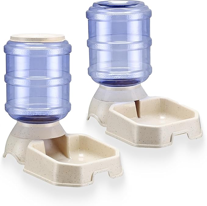 Automatic Pet Feeder & Waterer Set of 2 Pack, Self Feeding Replenish Dog Cat Bowls, Gravity Food & Water Storage Container Fountain Jug Pet Supplies Plastic Skid Proof Rubber Feet (White)