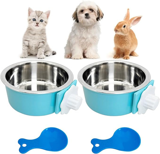 Hamiledyi Crate Dog Bowl Cat - Removable Stainless Steel Hanging No Spill Pet Bowl for Kennels Durable Detachable Design Fits Small Medium Dog Cages (2 Pcs, Blue