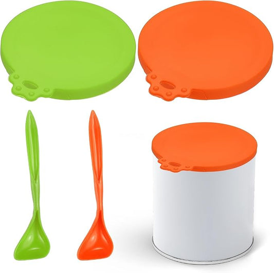 Cat Food Can Covers Lids, Dog Food Can Lids with Spoons Silicone Toppers Reusable Fits 3 Standard Sizes, (Grass Green/Orange, 2Sets), Intended for Dog/Cat/Pet Food