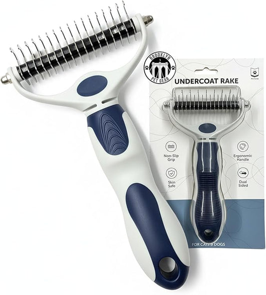 BPG Pet Grooming Tools for Dogs & Cats- 2 in 1 Dual Sided Undercoat Rake For Dogs Heavy-Duty Non Slip Grip Deshedding Comb Skin Safe With Ergonomic Handle To Reduce Shedding- Brooklyn Pet Gear