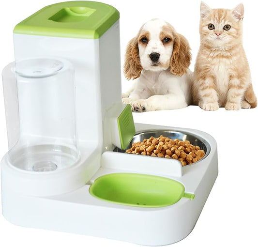 2 in 1 Automatic Cat Feeder & Water Dispenser,Gravity Pet Feeder Stainless Steel Food Water Bowl All-in-One Large Capacity Self Feeding for Cats Dogs Small Medium Pets(Green)