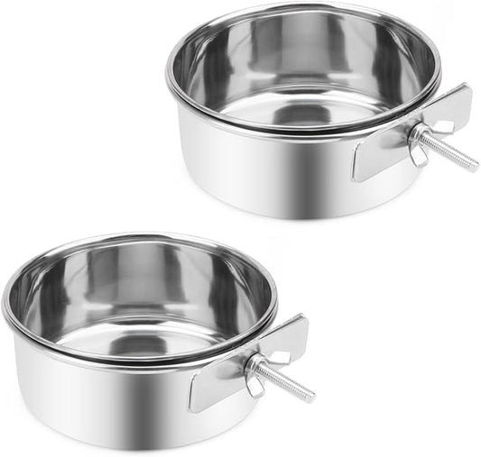 Wontee Pet Food Water Bowl with Clamp Holder Stainless Steel Feeding Cups Feeder for Dog Bird Parrot Cat Rabbit, 2 Packs (M)