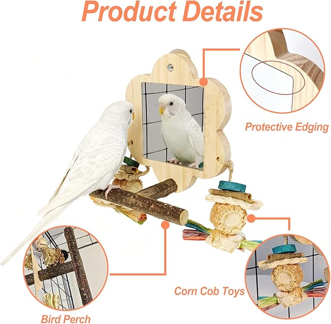 Acsist Bird Mirror with Perch, Cockatiel Mirror for Cage, Parakeet Toys with Chew Toy,Bird Cage Accessories for Parrot Conure Lovebirds Finch Canaries (Corn Cob)