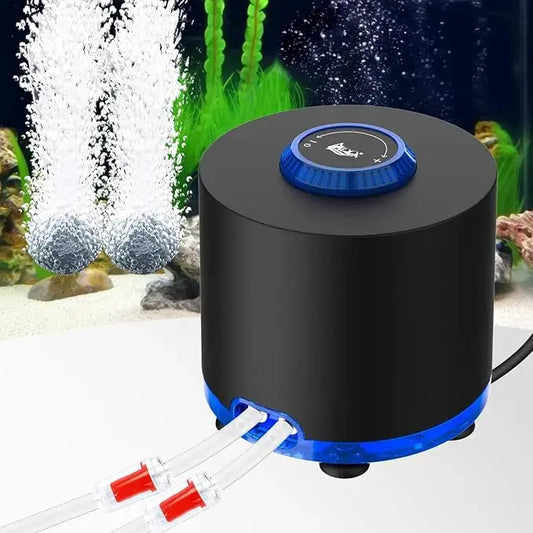 A 10W aquarium air pump with stainless steel dual outlets, designed for quiet operation.