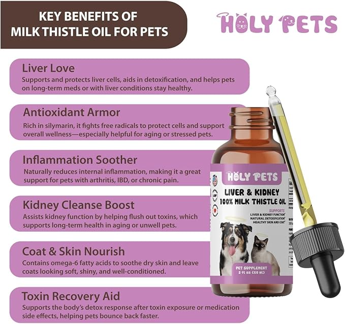Milk Thistle for Dogs & Cats – 100% Pure Oil, Liver Support, No Additives, Fillers, or Preservatives – Natural Antioxidant for Pet Wellbeing – 2 oz Liquid Dropper