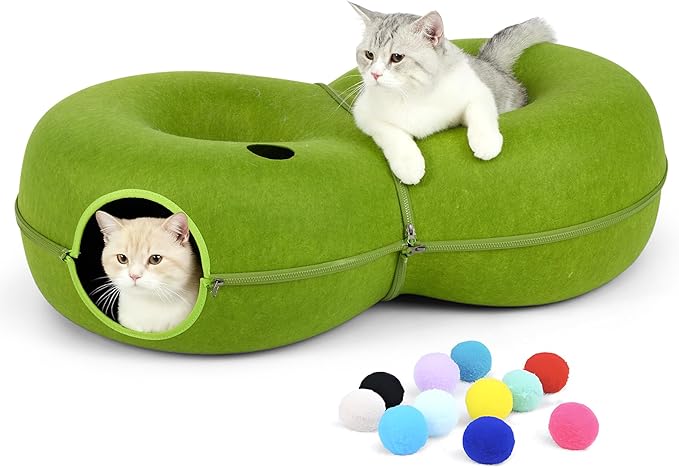 LovIntry 8-Shaped Large Cat Tunnel Bed for Indoor Cats, Infinite Circulation Peekaboo Cat Cave with 12 Toy Balls, Cat Donut Tunnel for Cats up to 30 Pounds (Green, L(38x24x11))