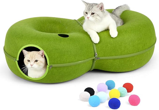 LovIntry 8-Shaped Large Cat Tunnel Bed for Indoor Cats, Infinite Circulation Peekaboo Cat Cave with 12 Toy Balls, Cat Donut Tunnel for Cats up to 30 Pounds (Green, L(38x24x11))