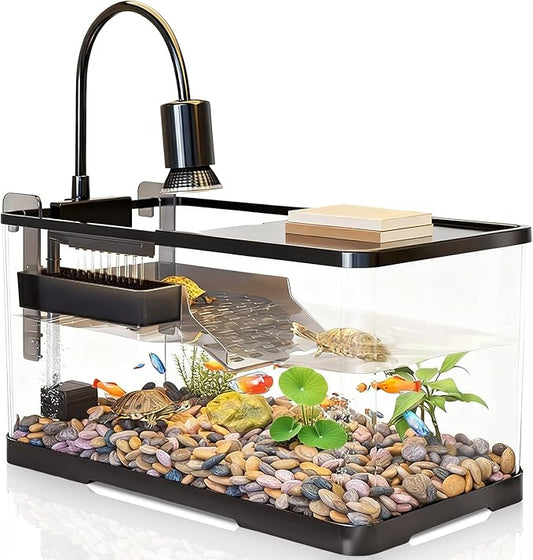 (Tank + Light +Pump + Filter Balls) Turtle Tank Kit, Turtle Tank Starter Kit,Bottom Drainage, Multi-Function Areas for Turtles, Crabs,Fishes, Amphibians,Reptiles. (21.65 x 12.28 x12.28 Inch)