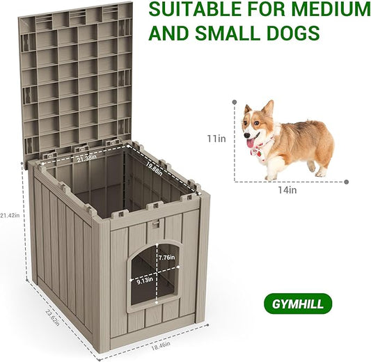 DRATO Outdoor Indoor Dog House,Resin Material Ventilate Waterproof Added to The Bottom,Multi-Functional Pet House for Small to Medium Dog (Light Brown, Medium)