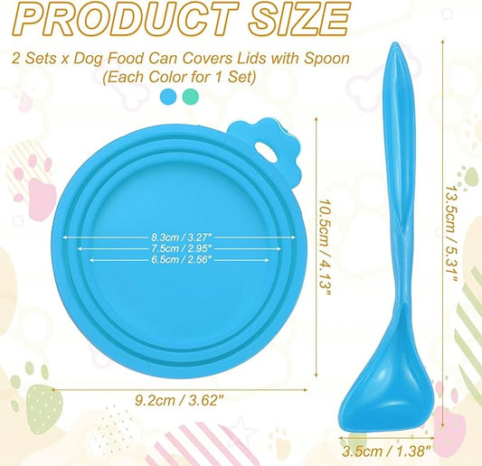 Cat Food Can Covers Lids, Dog Food Can Lids with Spoons Silicone Toppers Reusable Fits 3 Standard Sizes, (Sky Blue/Cyan, 2Sets), Intended for Dog/Cat/Pet Food