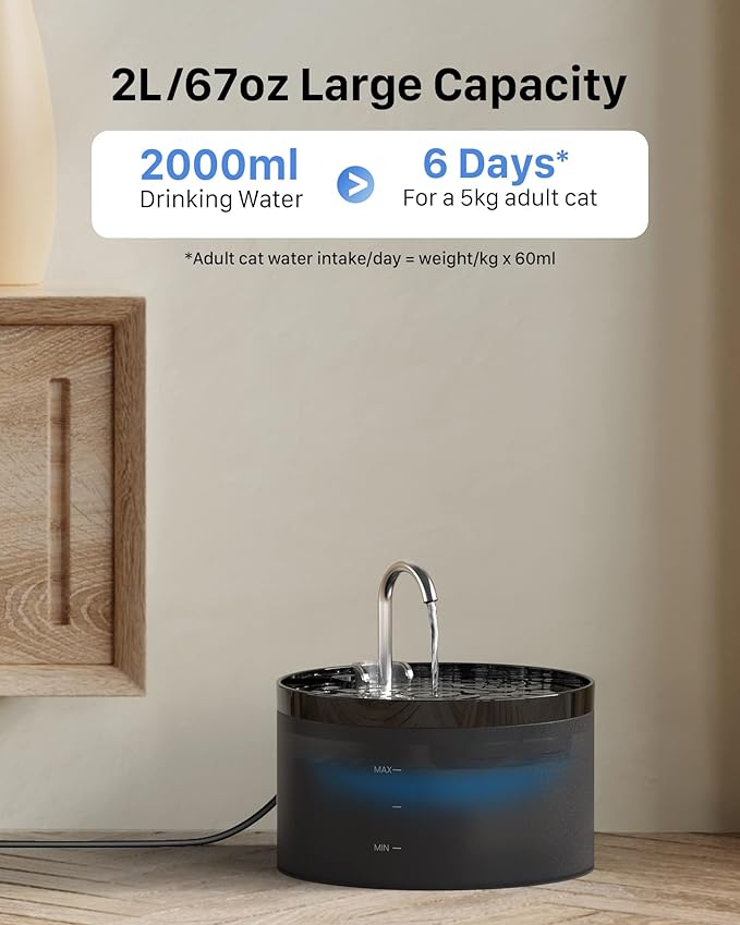 Cat Water Fountain Pet Fountain: 67oz/2L Cat Water Dispenser - Black Pet Dispenser - Faucet Dog Bowl - with 6 Filters + 3 Sponges - GIOTOHUN