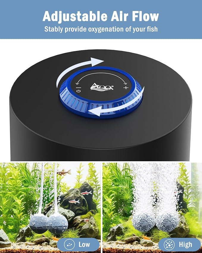 AQQA Aquarium Air Pump, Quiet Powerful Fish Tank Air Pump 3W/6W/10W with Stainless Steel Dual Outlet, Adjustable Oxygen Aerator Pump with Air Stone Bubbler for Fish Tank Up to 200 Gallon 10W (Tubby)