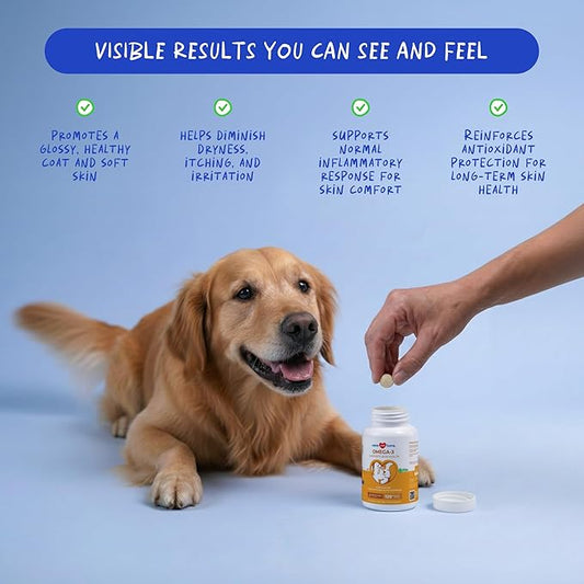 Omega 3 Fish Oil for Dogs - 120 Chewable Tablets - with Omega 3, 6, and 9, Vitamin E for Dog Shedding, Itchy, Dry Skin, Joint & Heart Support
