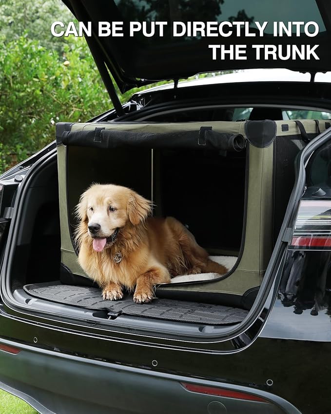 33 Inch Collapsible Travel Dog Crate for Medium Large Dogs, Portable Dog Crate 4-Door Foldable Soft Kennel with Durable Mesh Windows for Indoor & Outdoor Travel, with Storage Bag,Green