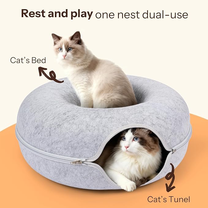 Peekaboo Cat Cave Bed for Indoor Cats, Scratch-Resistant Cat Donut Tunnel for Multiple & Large Cats, Detachable Round Cat Hideaway for Playing, Sleeping and Hiding, Up to 30-45 lbs