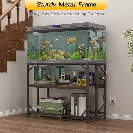 METYERRY 40 Gallon Fish Tank Stand with Power Outlets, Adjustable Aquarium Stand, Heavy Duty Terrarium Stand, Metal reptile tank stand, Suitable for Home Office,660LBS Capacity, Rustic Brown