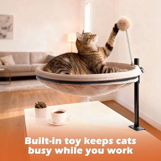 RASSR Cat Desk Bed Rotating & Adjustable– 360° Swivel Cat Hammock with Removable Washable Cover, Sturdy Desktop Perch Holds Up to 60lbs, Perfect for Indoor Cats(Khaki)