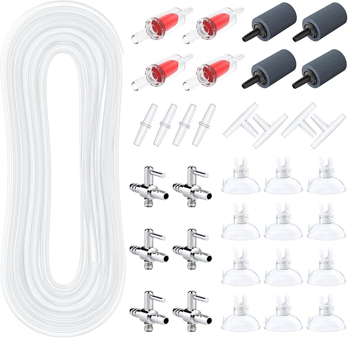 Pawfly 100 Feet Fish Tank Airline Tubing, Aquarium Tubing, Aquarium Air Pump Accessories Kit with Check Valves, Air Stones, Air Control Valves, Suction Cups and Connectors