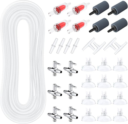 Pawfly 100 Feet Fish Tank Airline Tubing, Aquarium Tubing, Aquarium Air Pump Accessories Kit with Check Valves, Air Stones, Air Control Valves, Suction Cups and Connectors