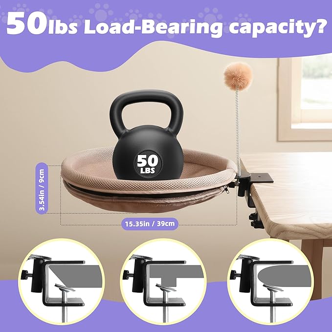 RASSR Cat Desk Bed with Teaser Wand, Under Desk Cats Bed Platform with Sturdy Clamp, Space-Saving Cat Perch Mounts Underneath Desk for Large Cats(Khaki)