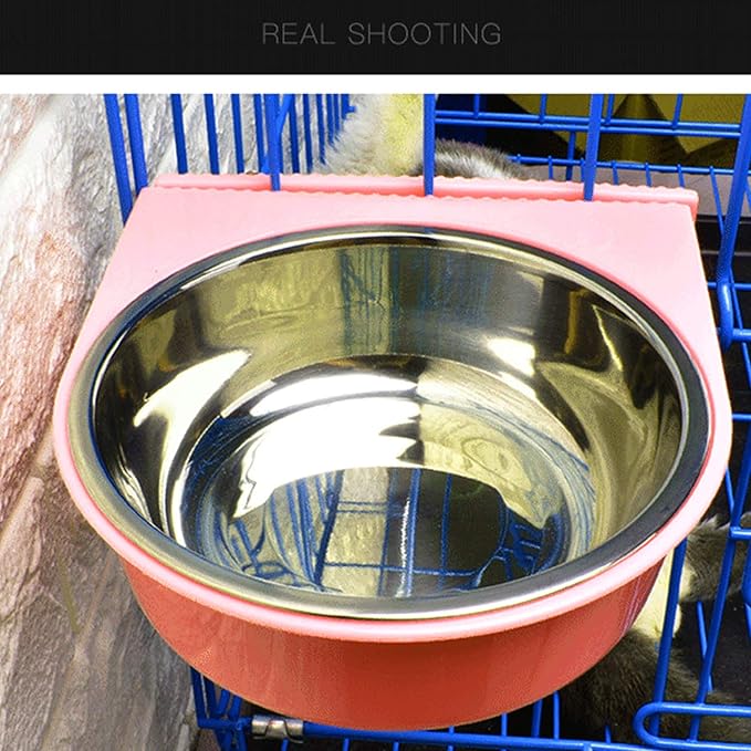Crate Dog Bowl Removable Stainless Steel Water Food Feeder Bowls Cage Coop Cup for Cat Puppy Bird Pets (Small, Pink Orange with Corrugated Clip)